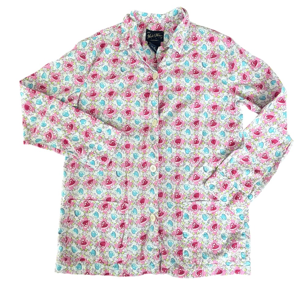 Nick & Nora Womens Pajama Top Small Pink Blue Heart‎ Floral Button Up Shirt
